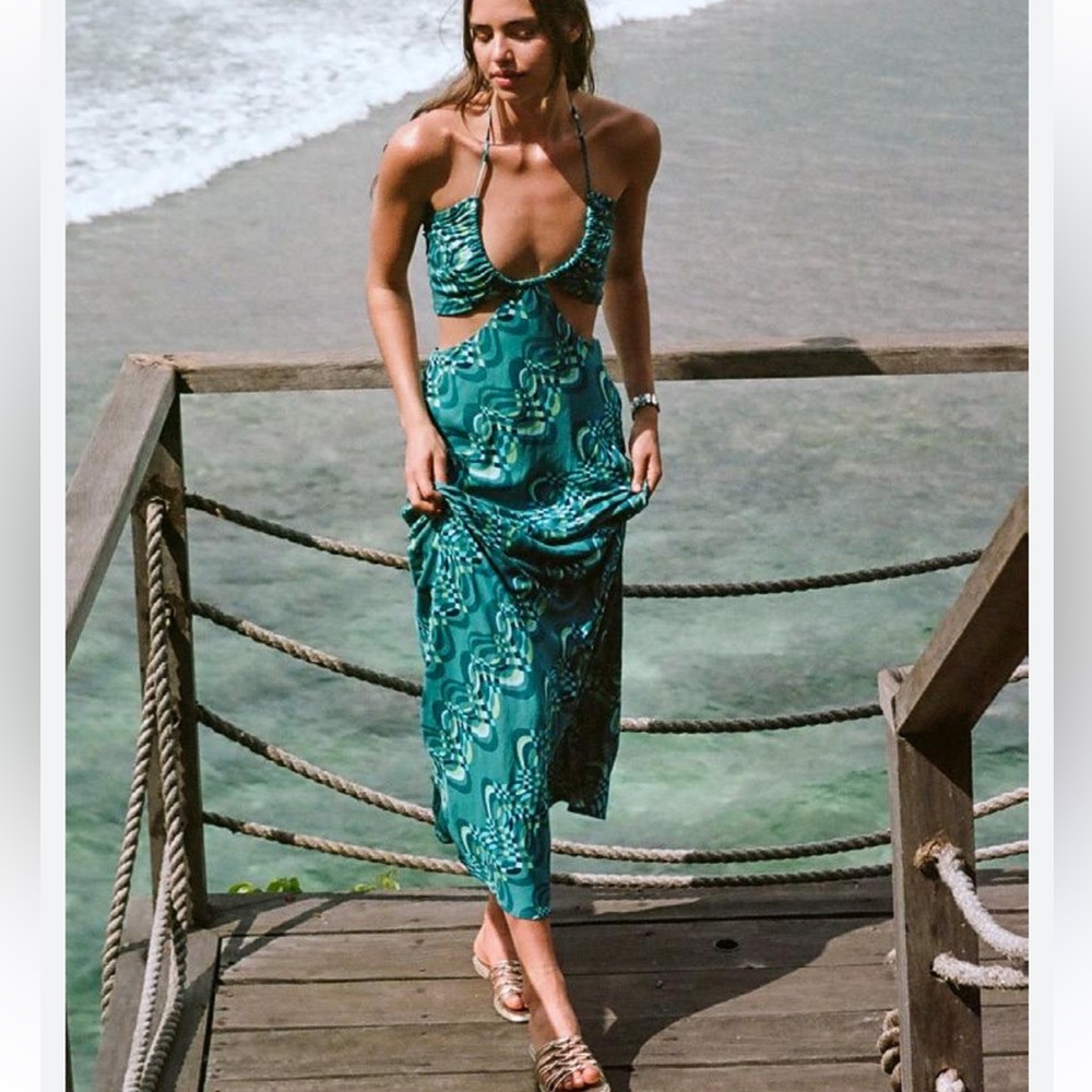 O'Neill Teal Backless Maxi Dress Halter Beach Cute Dress #003 - Picture 1 of 7